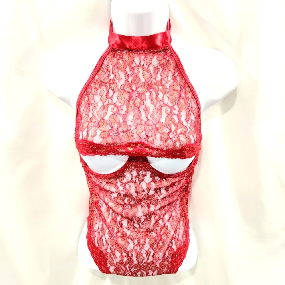 Red/Gold Shimmer Floral Lace Halter Open Underwire Bust CrossBack Thong Bodysuit